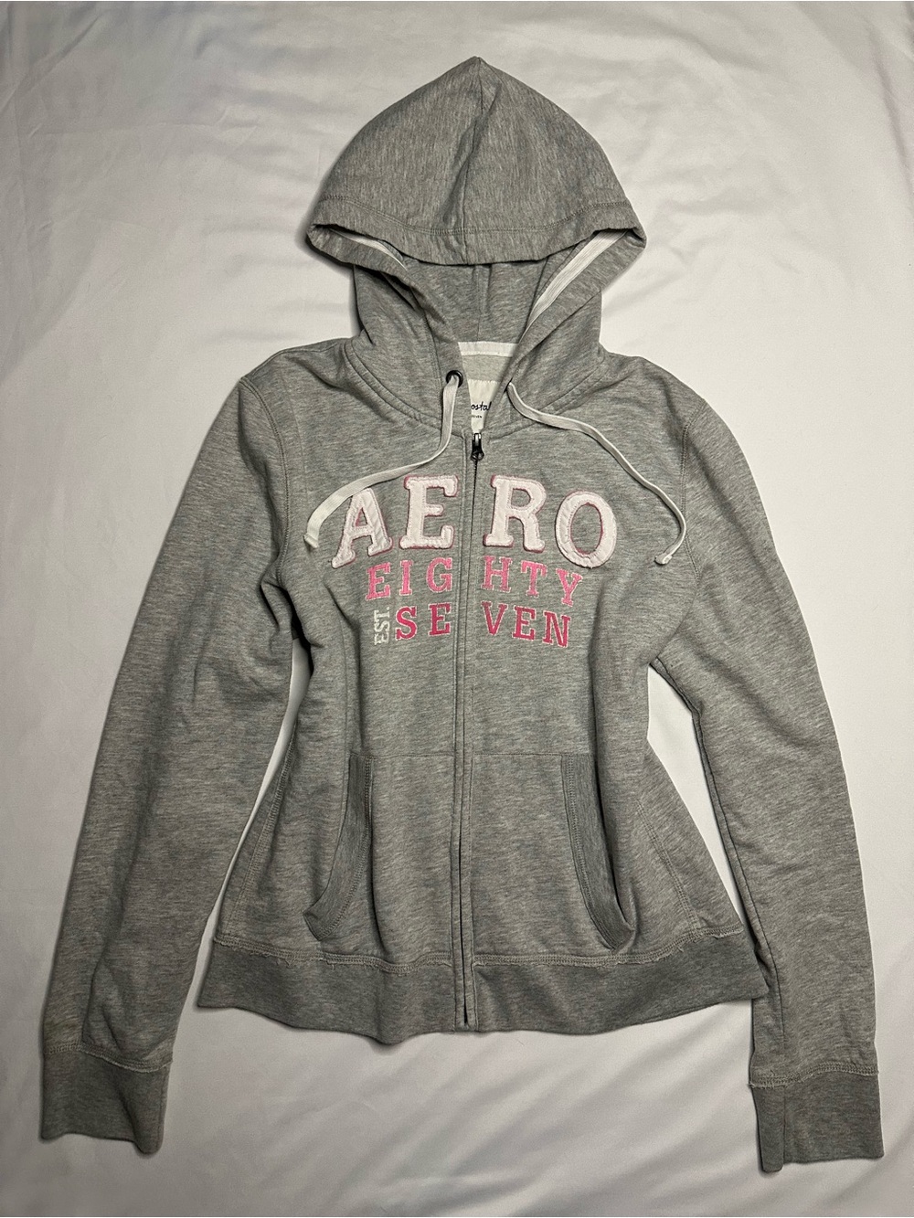 Aeropostale Light Grey Zip Hoodie with Pink Lettering